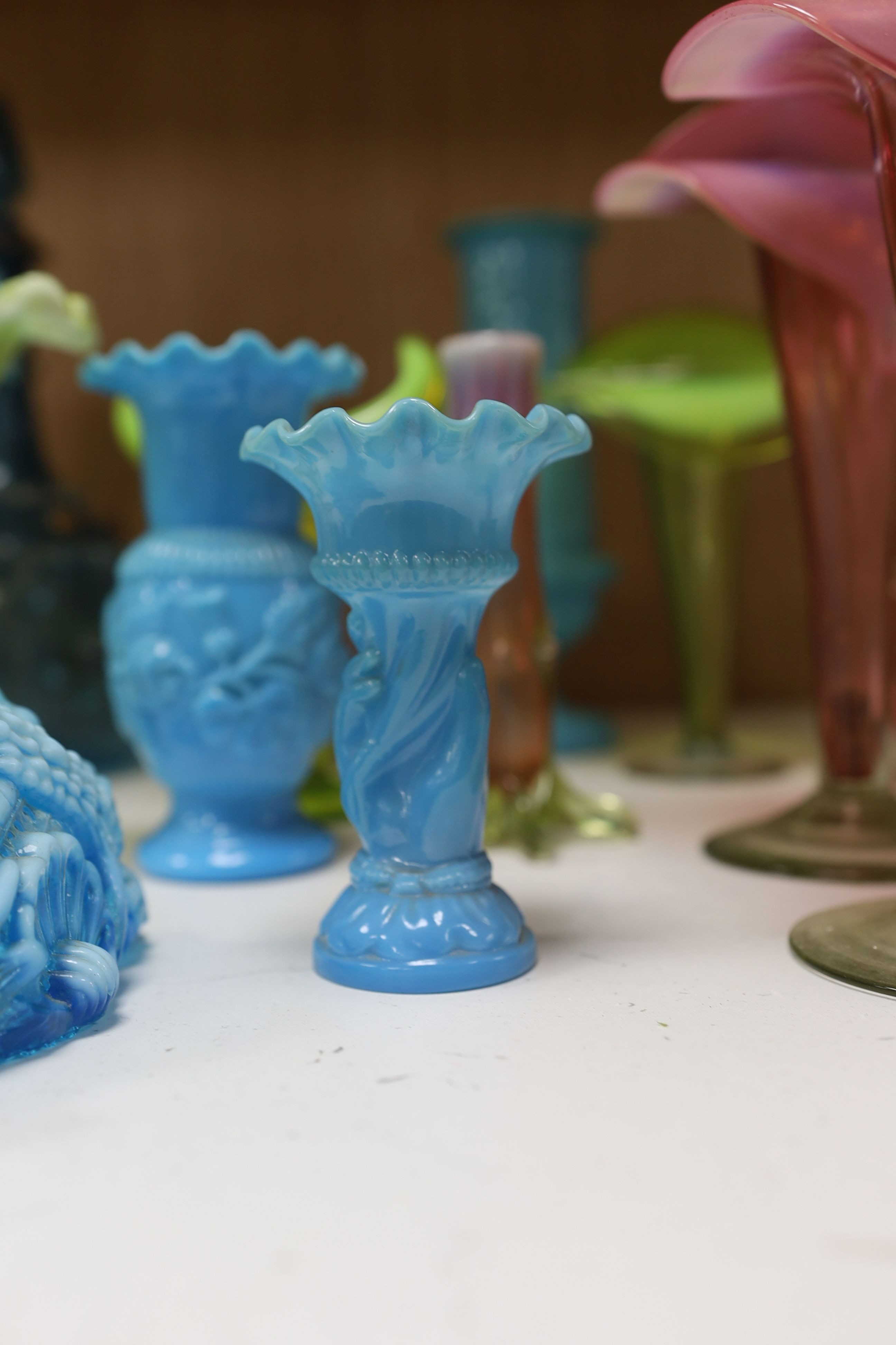 A selection of various art glass including a pair of cranberry pulpit vases, late 19th/early 20th century